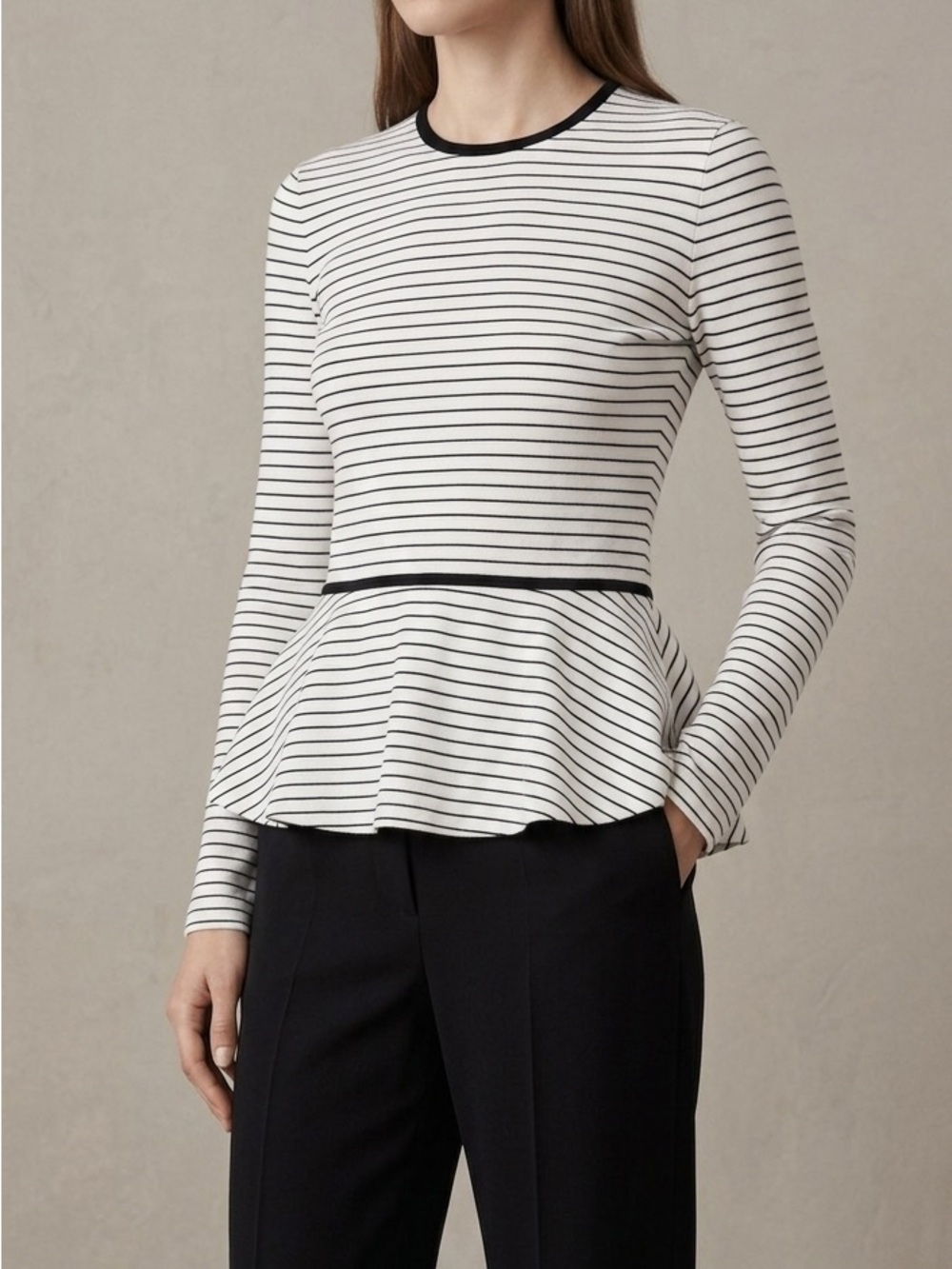 The Row Cream and Black Striped Peplum Long Sleeve Blouse